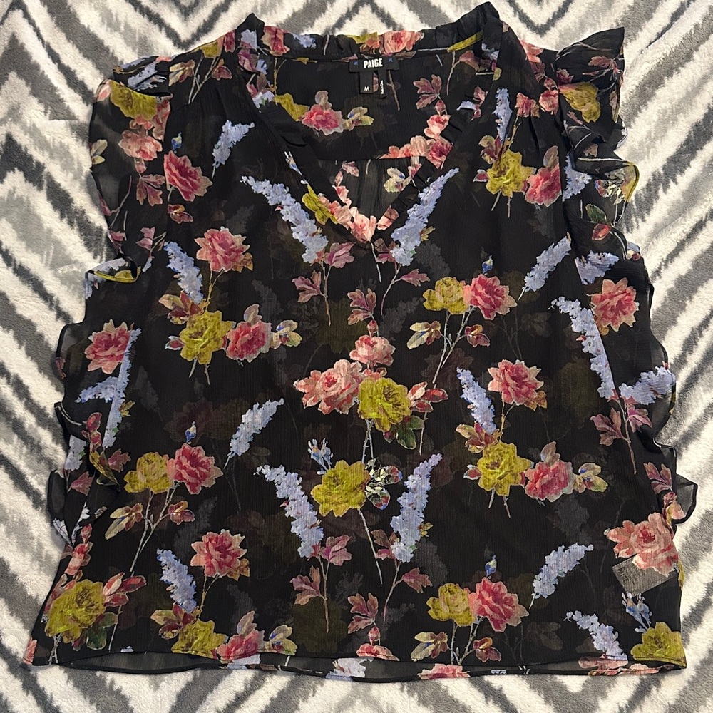 PAIGE Black Floral V-Neck Ruffle Sleeve Blouse